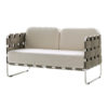 Aluminum frame loveseat with woven straps around frame nad cushions