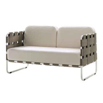 Aluminum frame loveseat with woven straps around frame nad cushions