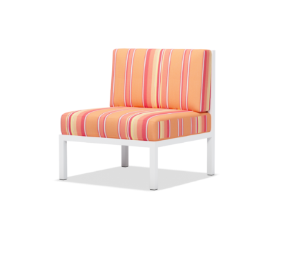 White powder coated square tube frame with orange, coral, and yellow striped seat and back cushions.